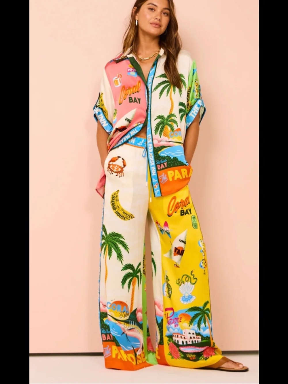 Resort-Print Wide Leg 2 piece set camp style shirt - Multicolor